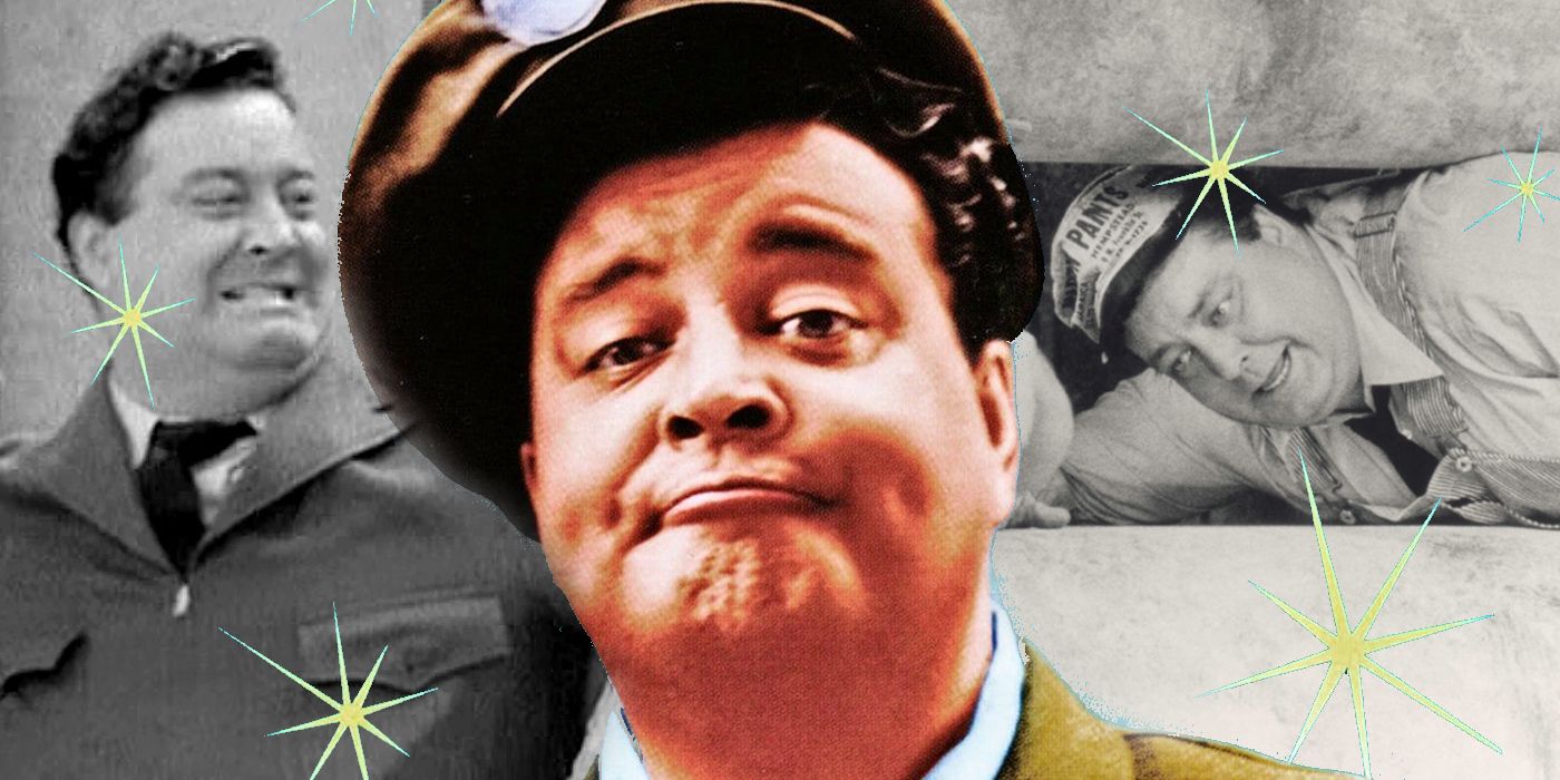 Split Image of Jackie Gleason as Ralph Kramden: about to punch the air, cover art for the DVD box set, and stuck between two pipes