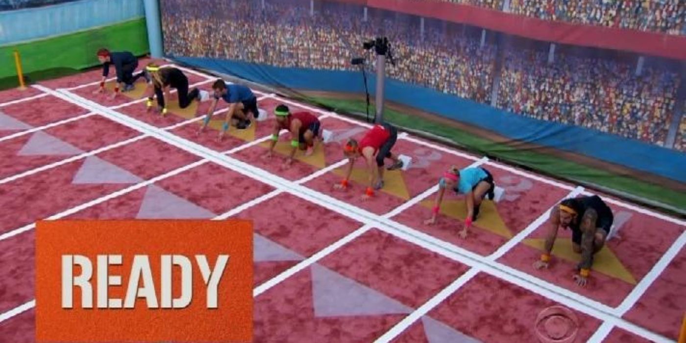 Contestants about to run a race in Big Brother.