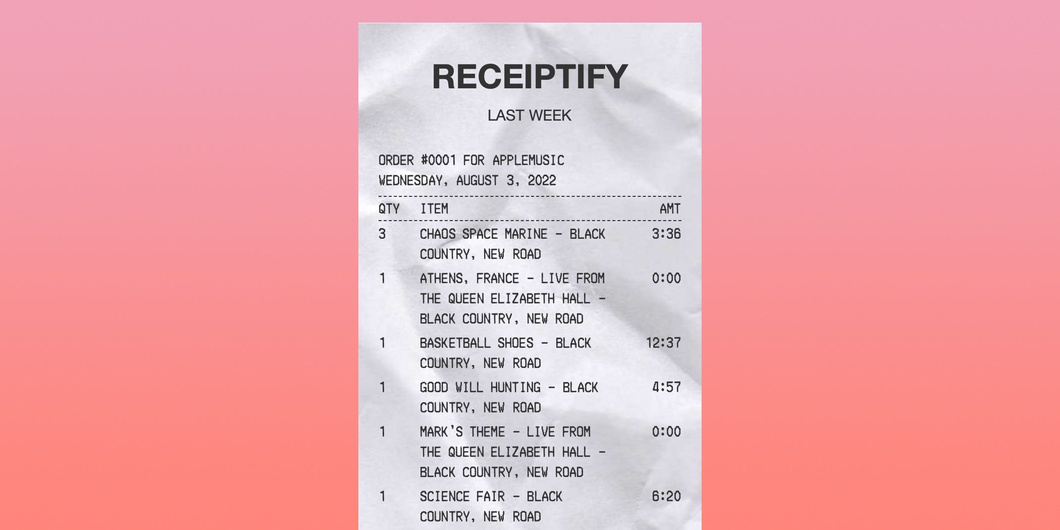 Receiptify generated from Apple Music.