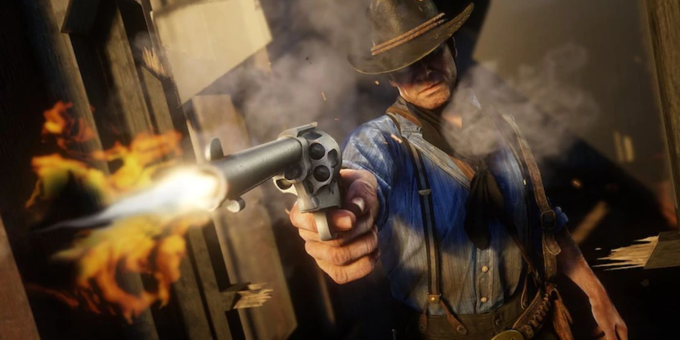 A Red Dead Redemption 2 promo image of Arthur Morgan firing a revolver