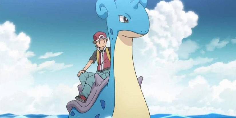 Red riding his Lapras in the sea in the Pokemon Origins anime.