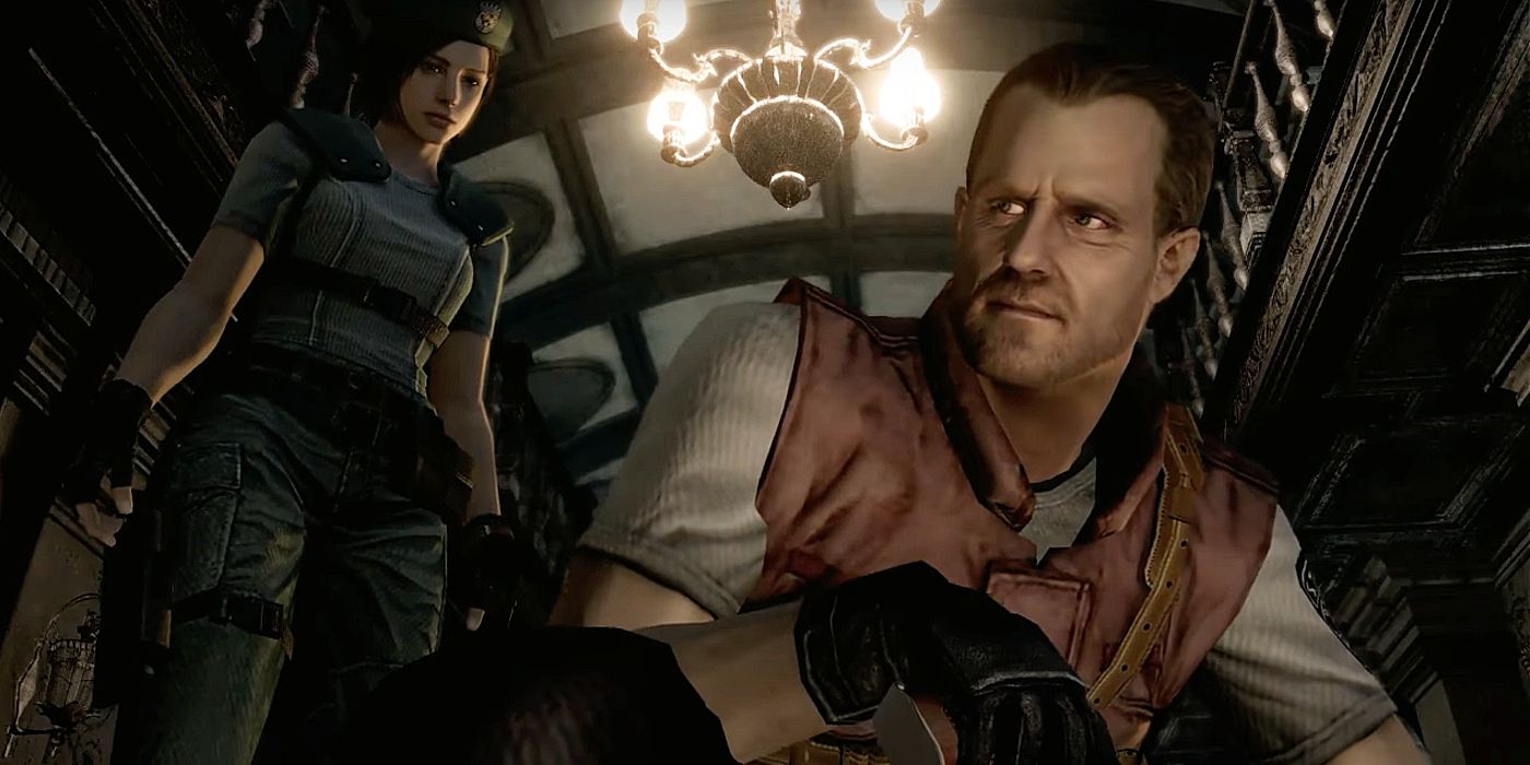 Resident Evil Barry Burton as he examines something on the floor of the mansion with Jill standing behind him