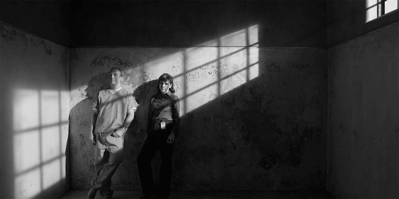 Bob Odenkirk as Jimmy McGill and Rhea Seehorn as Kim Wexler's final smoking scene in prison in Better Call Saul's last episode