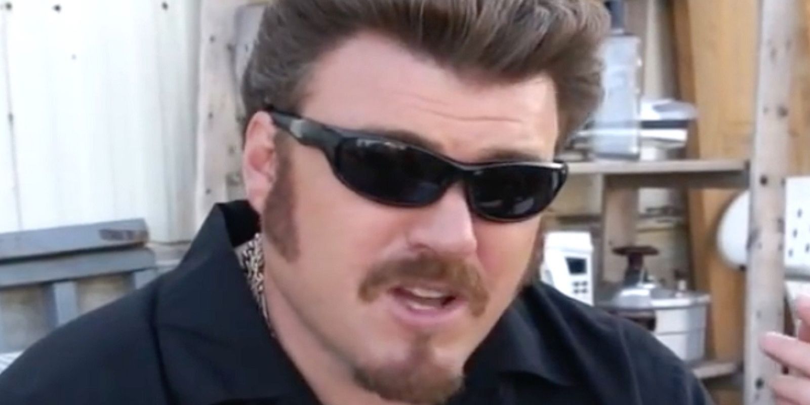 Ricky (Robb Wells) talking into the camera in Trailer Park Boys