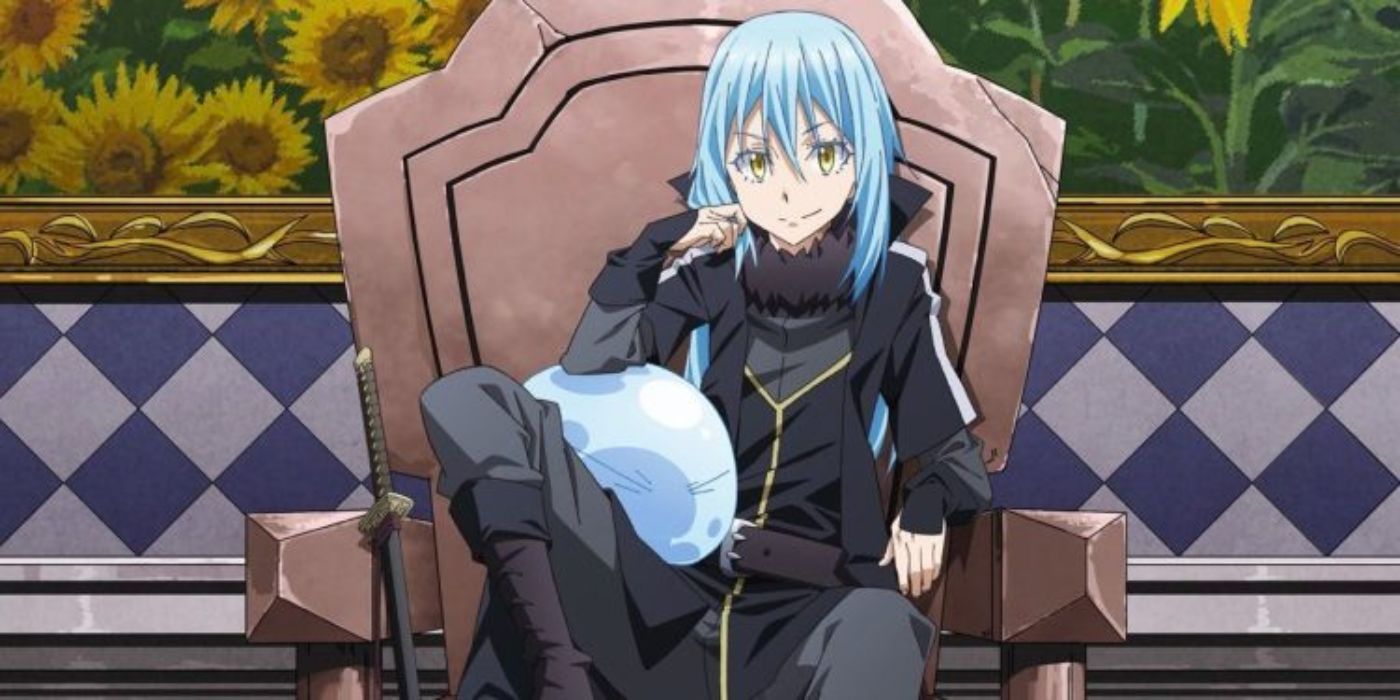 Rimuru Tempest sitting with slime on his lap