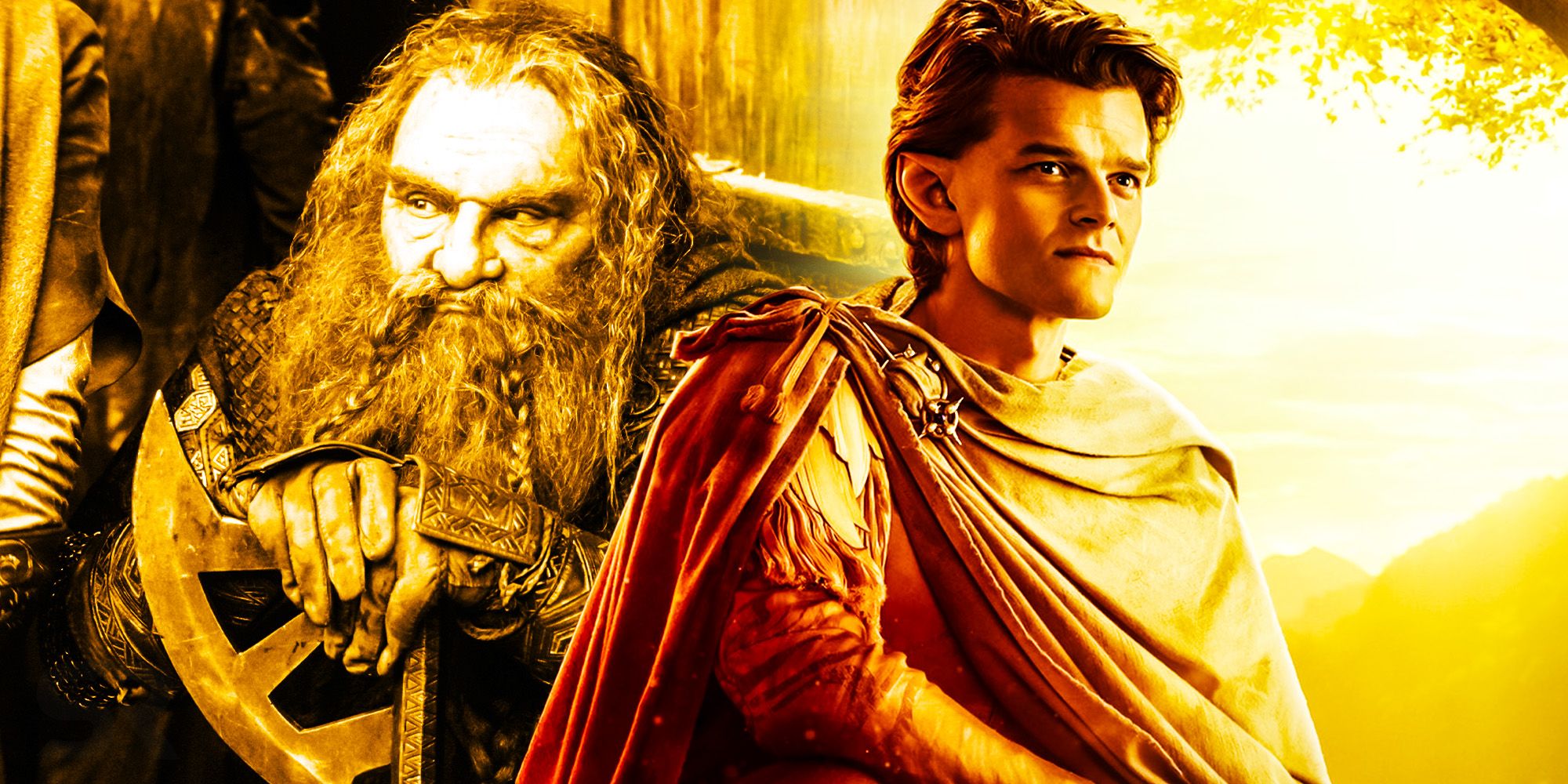 John Rhys Davies as Gimli in Lord of the Rings and Robert Aramayo as Elrond in Rings of Power