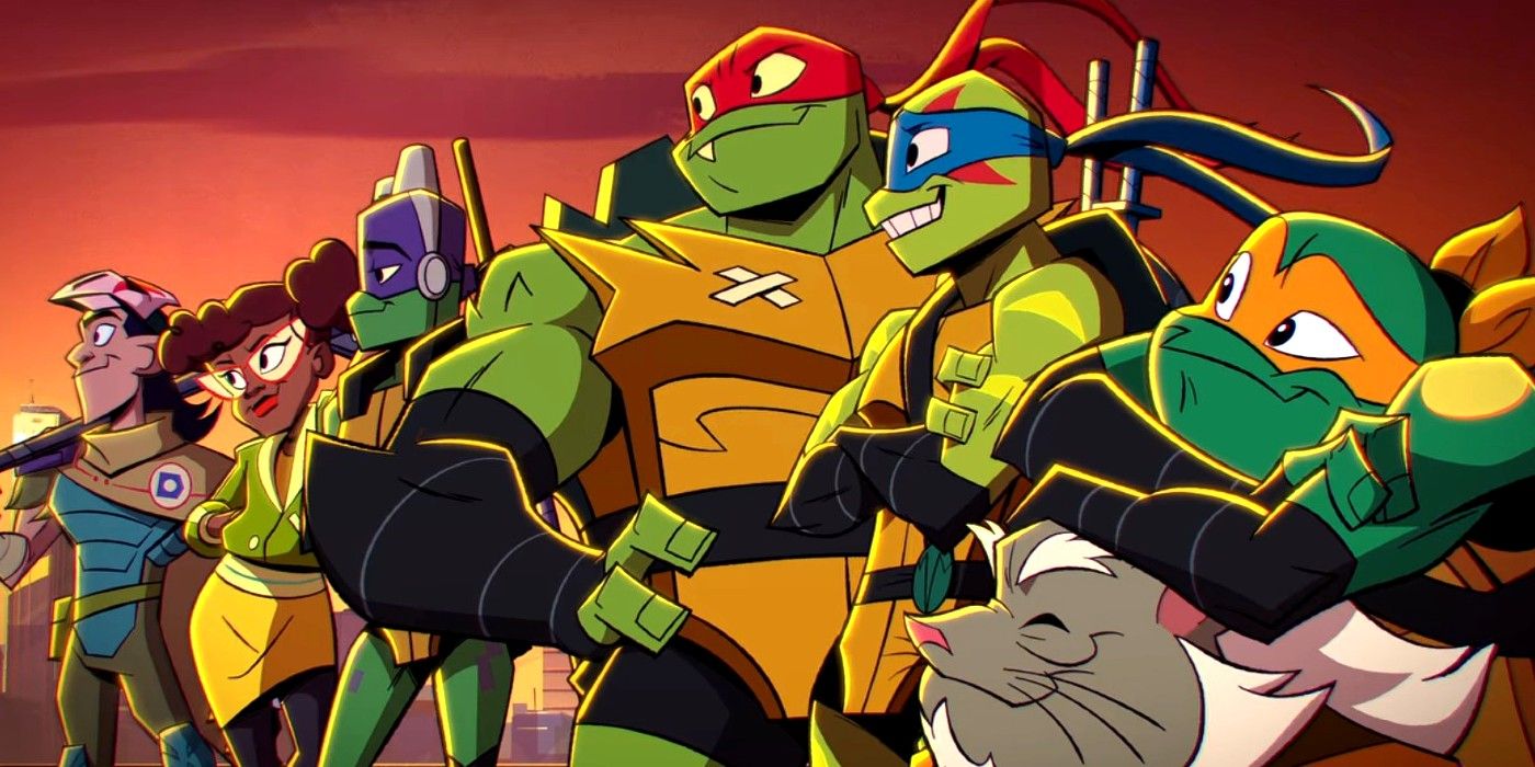 Characters posing together and smiling in the Rise of the Teenage Mutant Ninja Turtles The Movie Ending