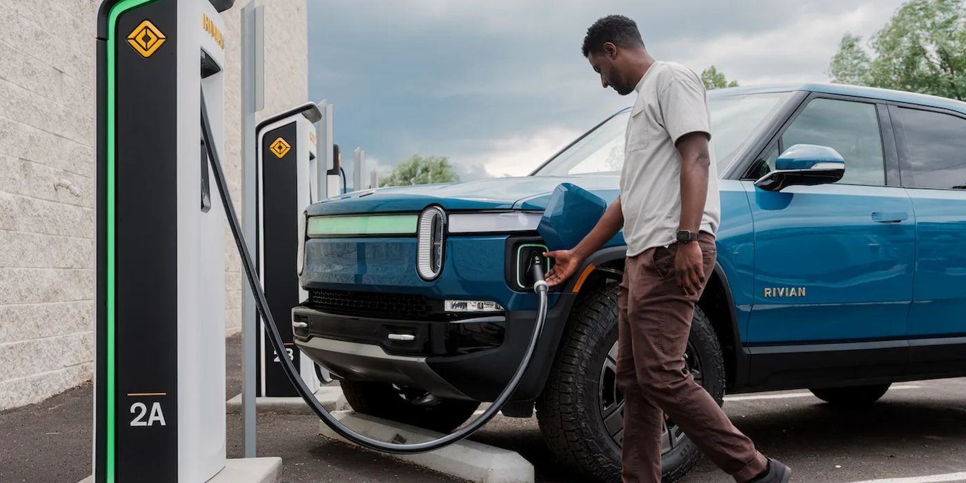A Rivian EV plugged into a Waypoint charger
