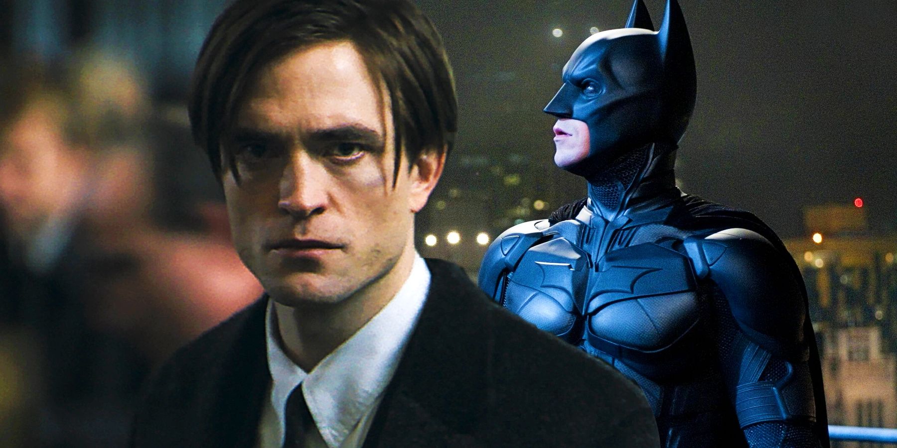 Robert Pattinson as Bruce Wayne and Christian Bale as Batman