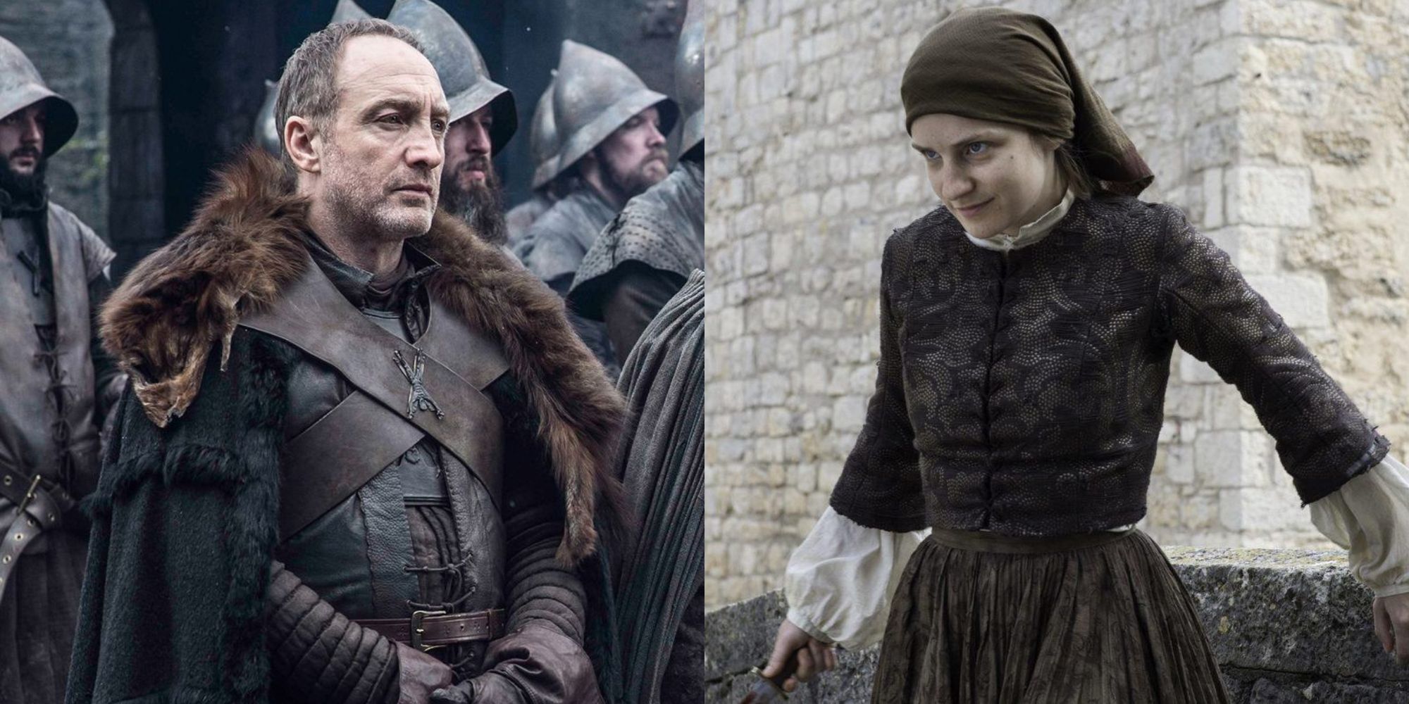Split image showing Roose Bolton and The Waif in Game of Thrones.