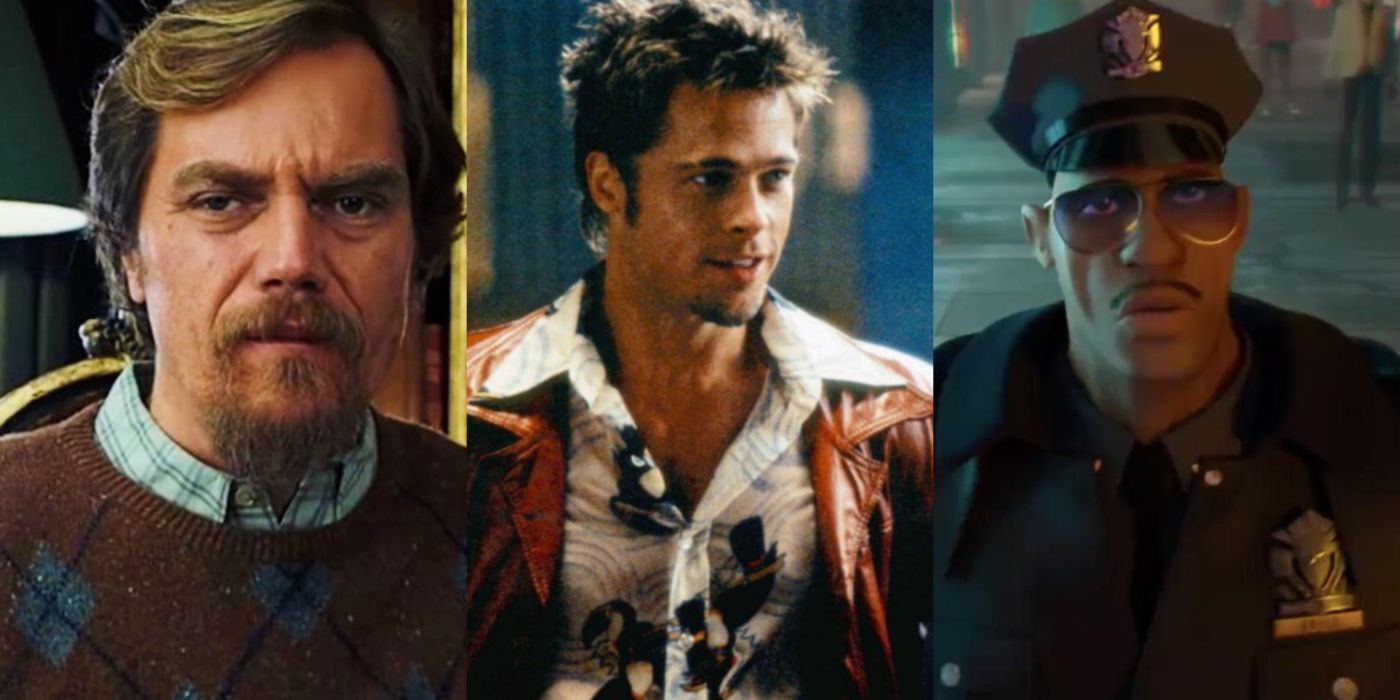 SPlit image of Michael Shannon in Knives Out, Brad Pitt in FIght Club, and Brian Tyree Henry in Into the Spider-Verse