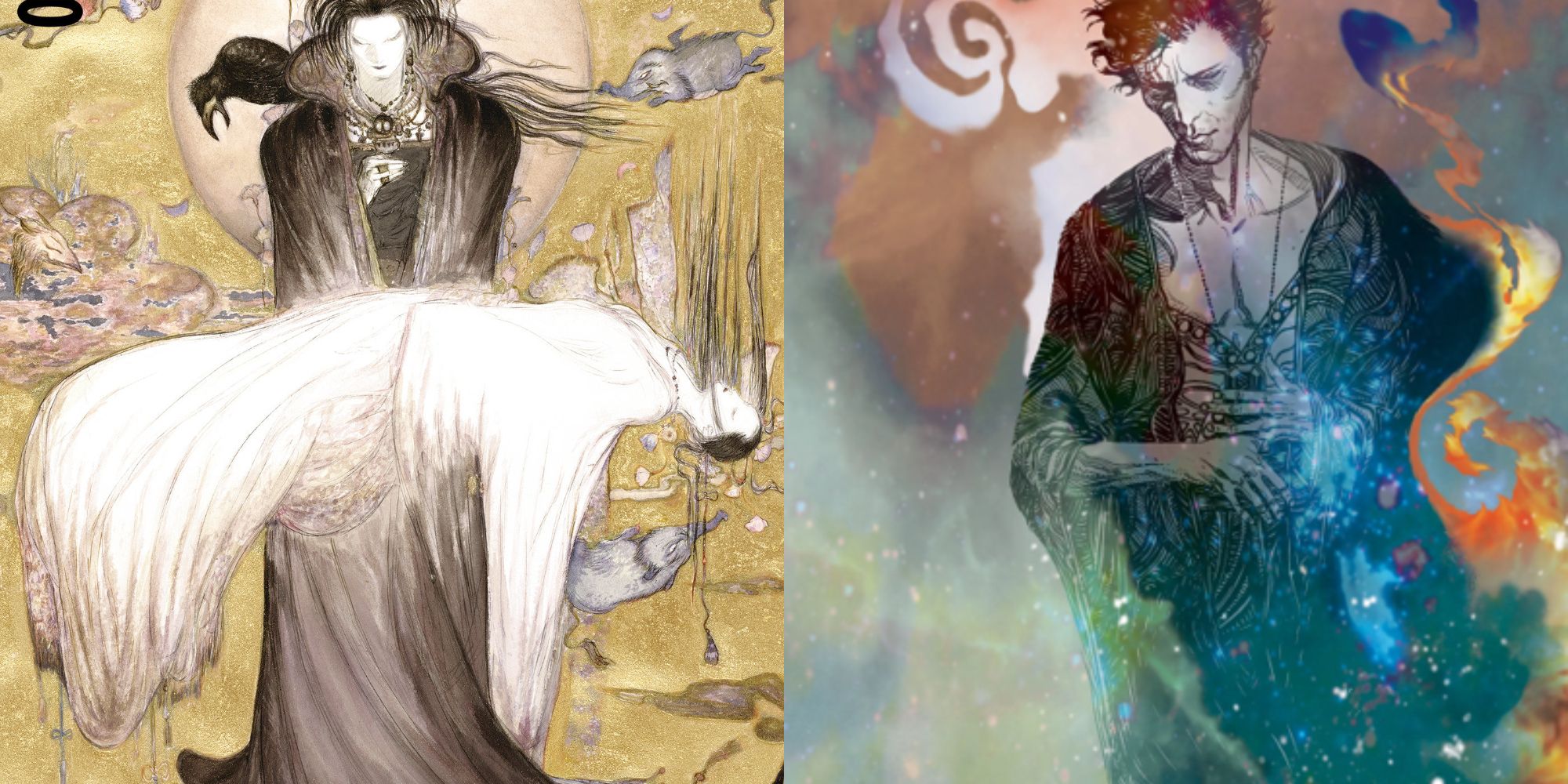 Split image showing the covers to Sandman The Dream Hunters and Overture