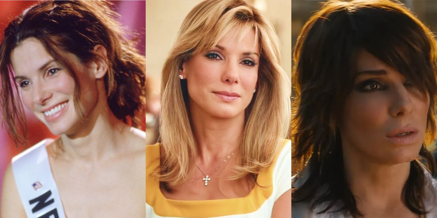 Sandra Bullock in a split image of Miss Congeniality, The Blind Side and Bullet Train