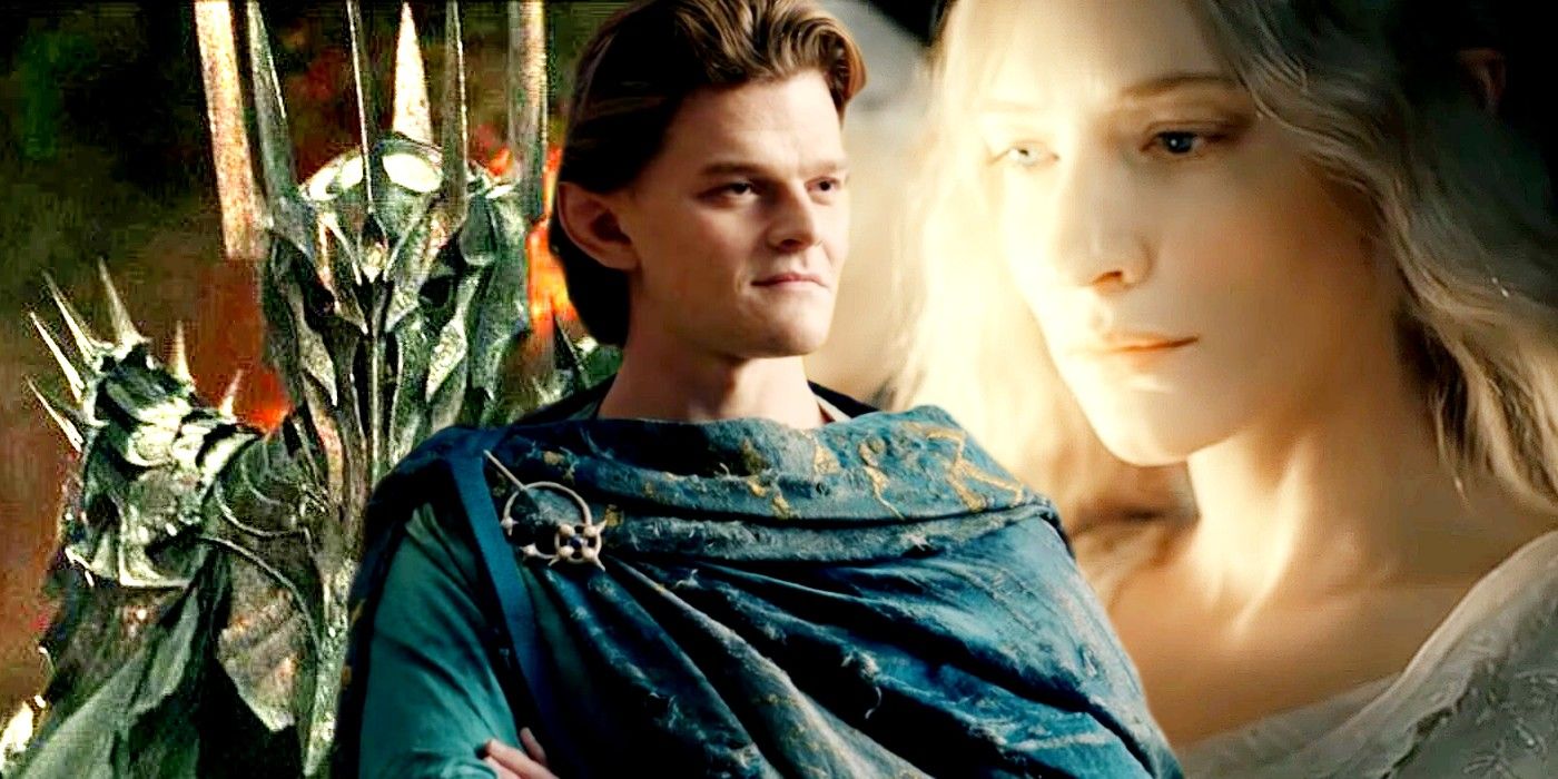 Sauron and Cate Blanchett as Galadriel in Lord of the Rings and Robert Aramayo as Elrond in The Rings of Power