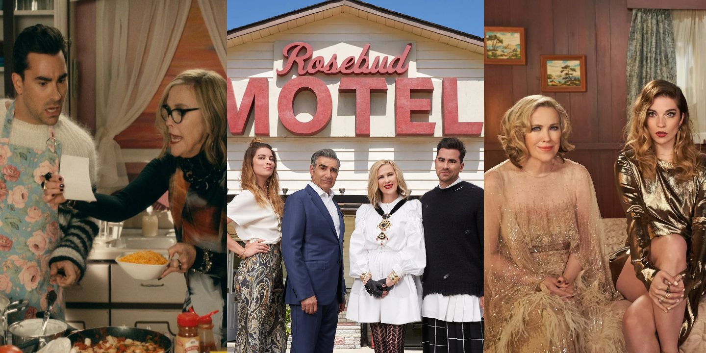 Split image of David and Moira cooking, of the roses in front of Rosebud Motel, of Moira and Alexis sitting on the bed in their Crows red carpet dresses