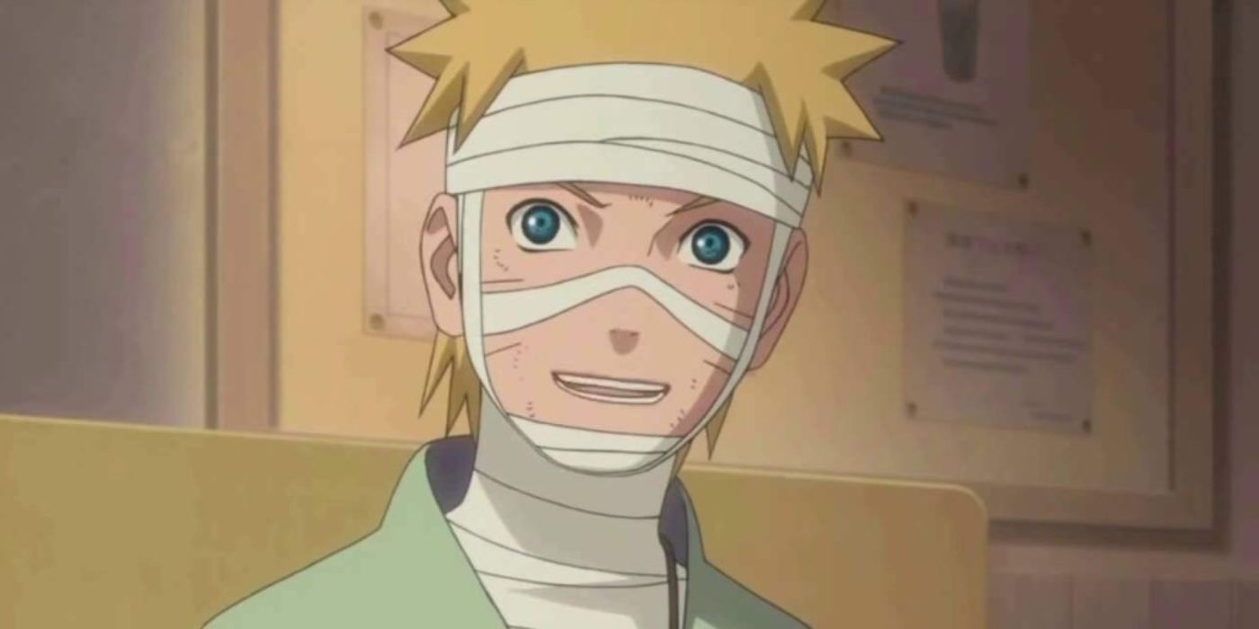 Naruto injured after his battle with Sasuke in Naruto.