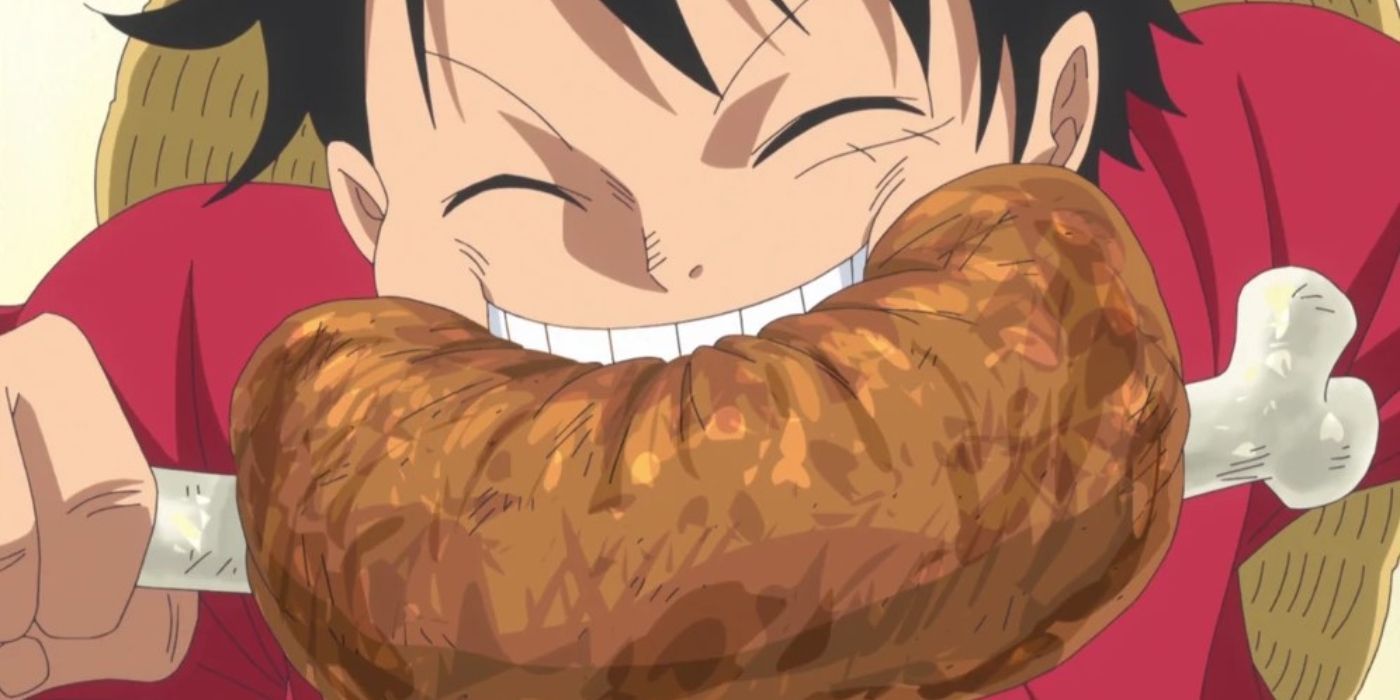 Monkey D. Luffy eating meat in One Piece.