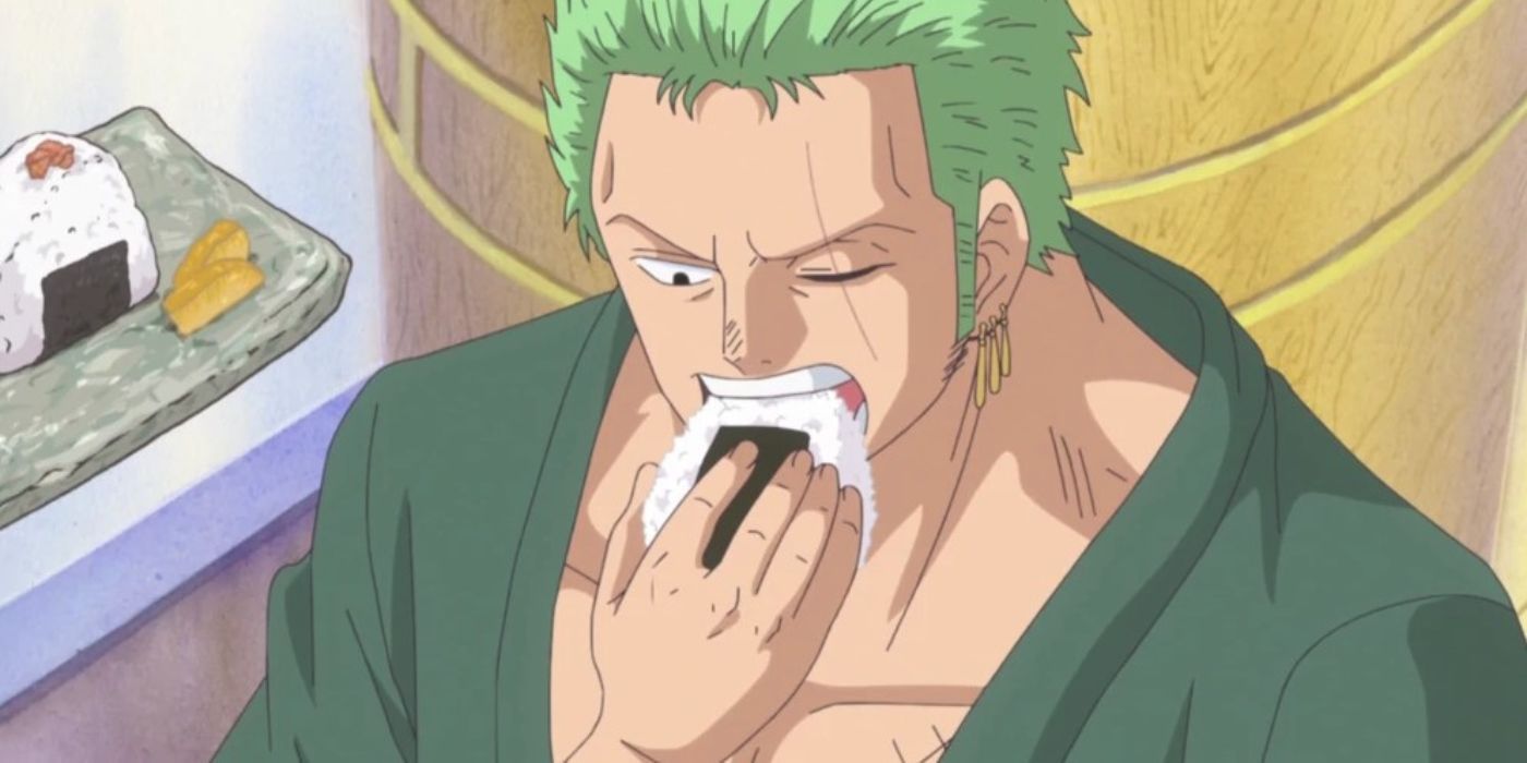 Roronoa Zoro eating a rice ball in One Piece.