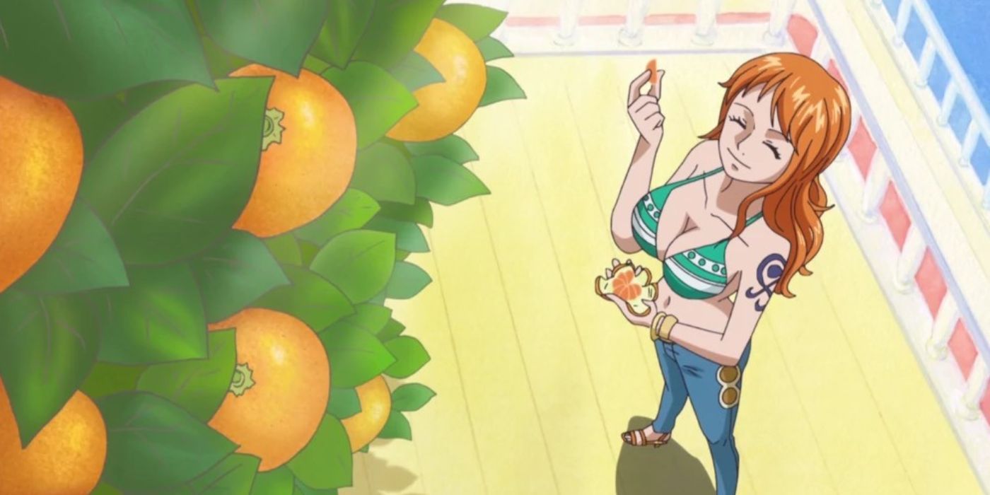 Nami eating an orange on the Thousand Sunny in One Piece.