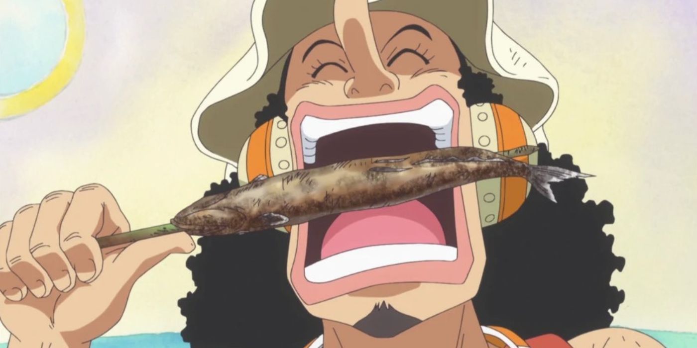Usopp eating a fish in One Piece.