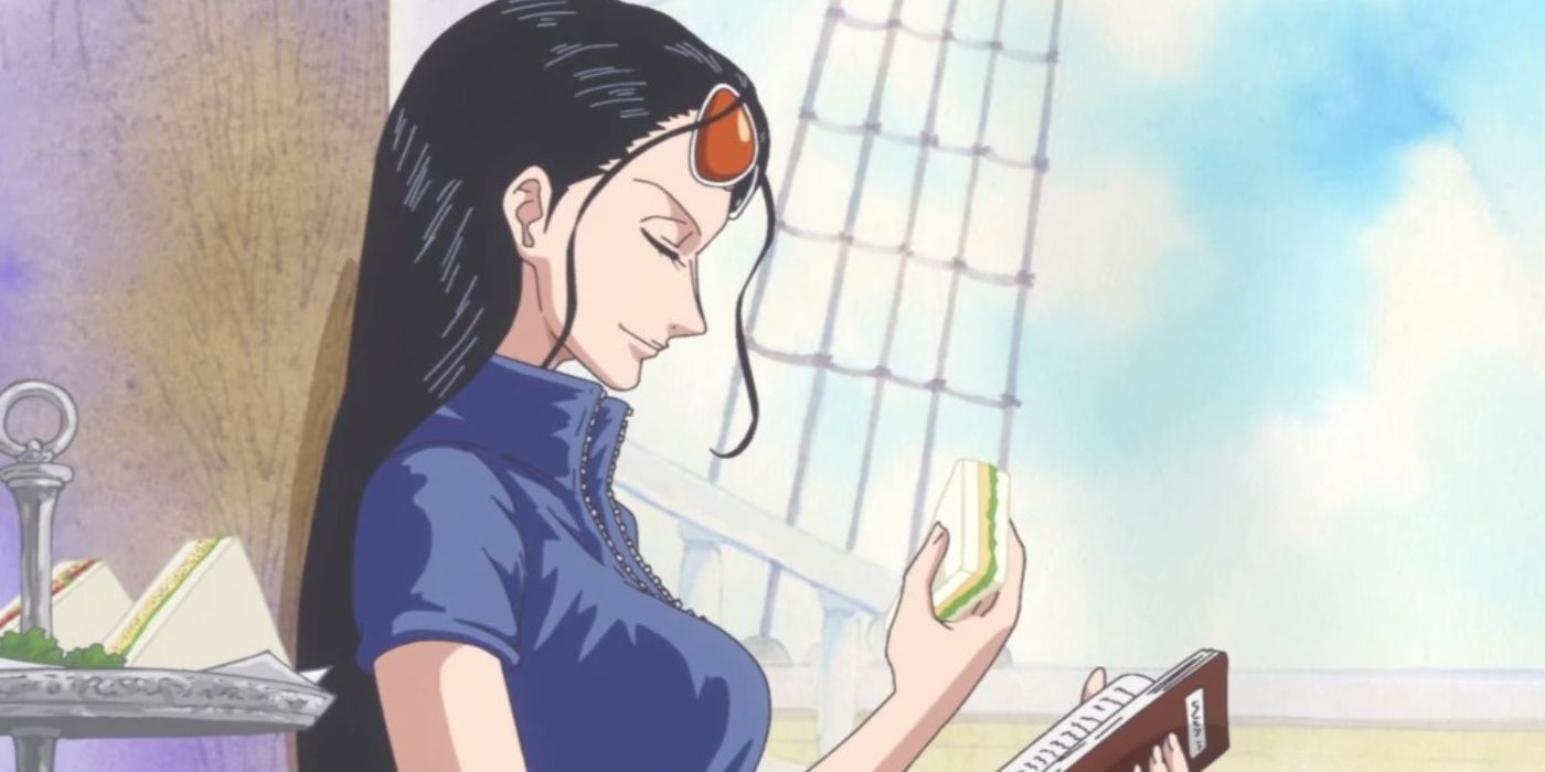 Nico Robin eating a sandwich while she reads on the Thousand Sunny in One Piece.
