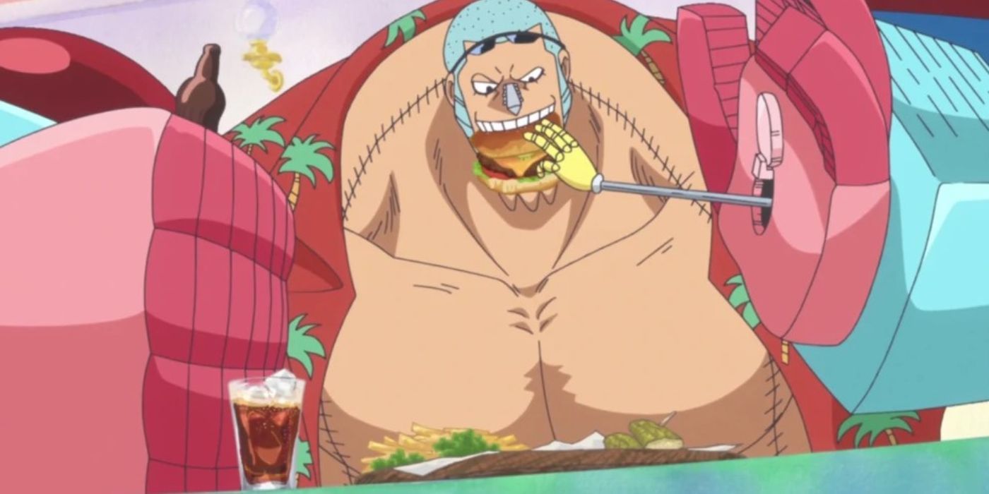 Franky eating a hamburger and fries with a cola on the Thousand Sunny in One Piece.