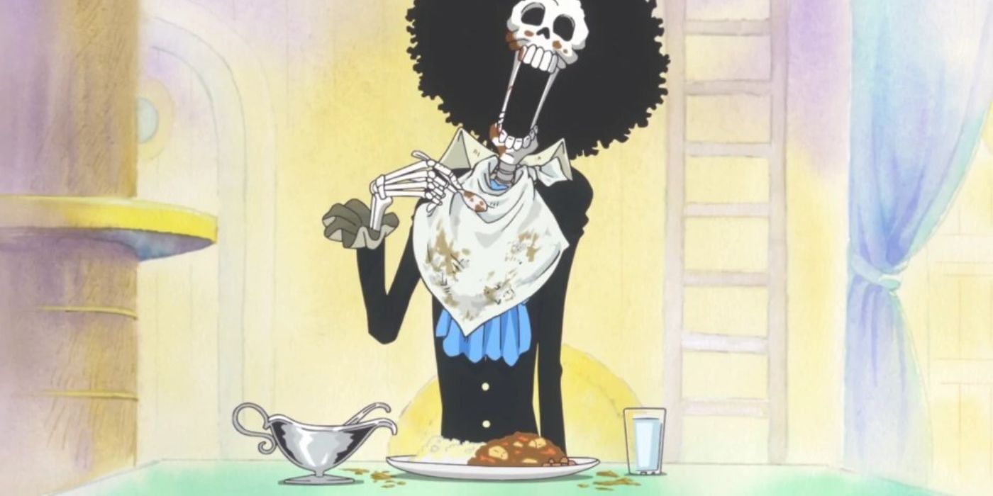 Brook eating takoyaki curry on the Thousand Sunny in One Piece.