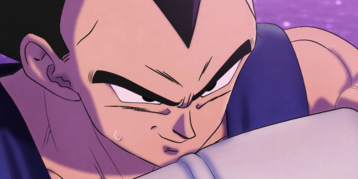 Vegeta grinning as he battles Goku in Dragon Ball Super: Super Hero.