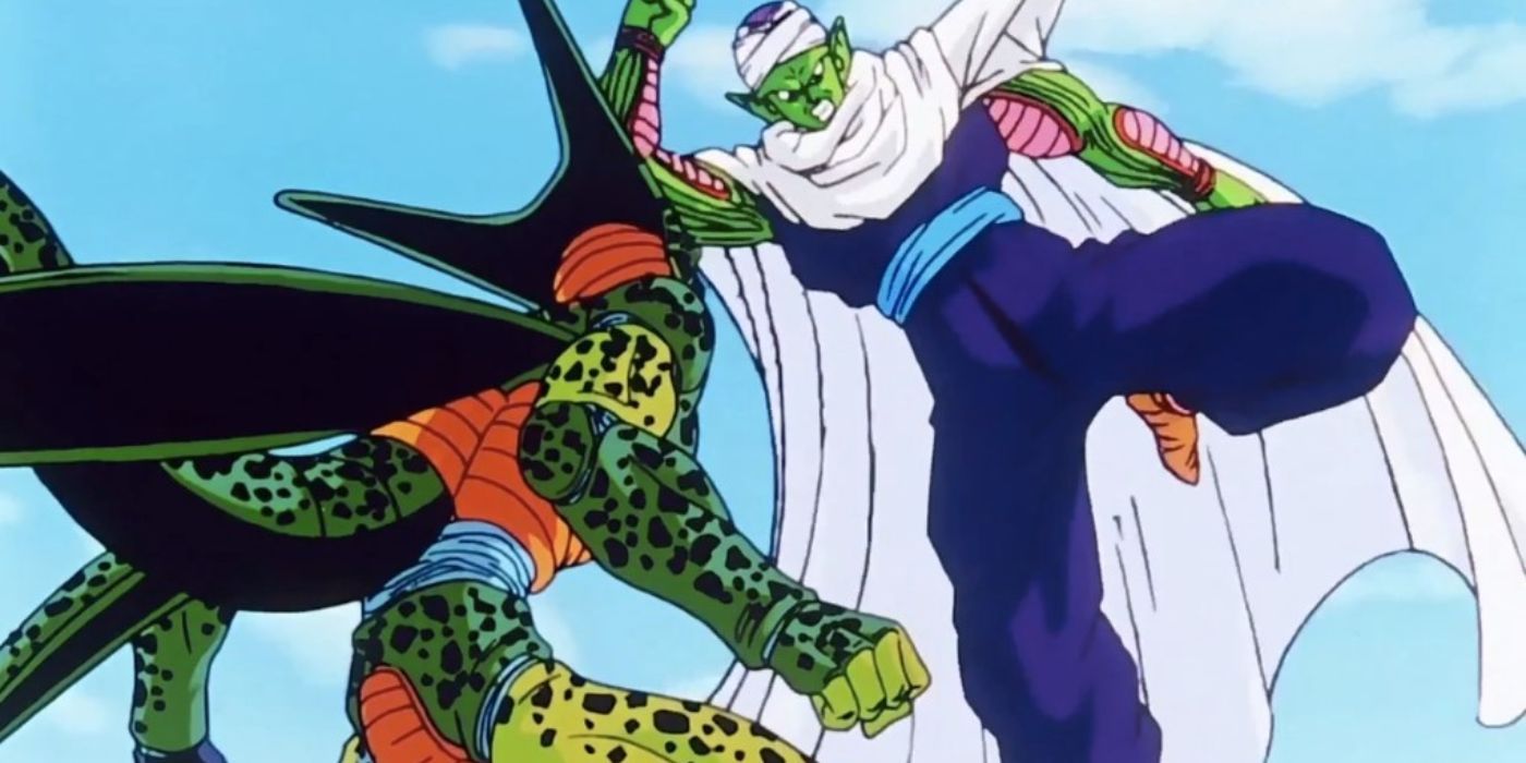 Piccolo throwing a kick at Cell in Dragon Ball Z.