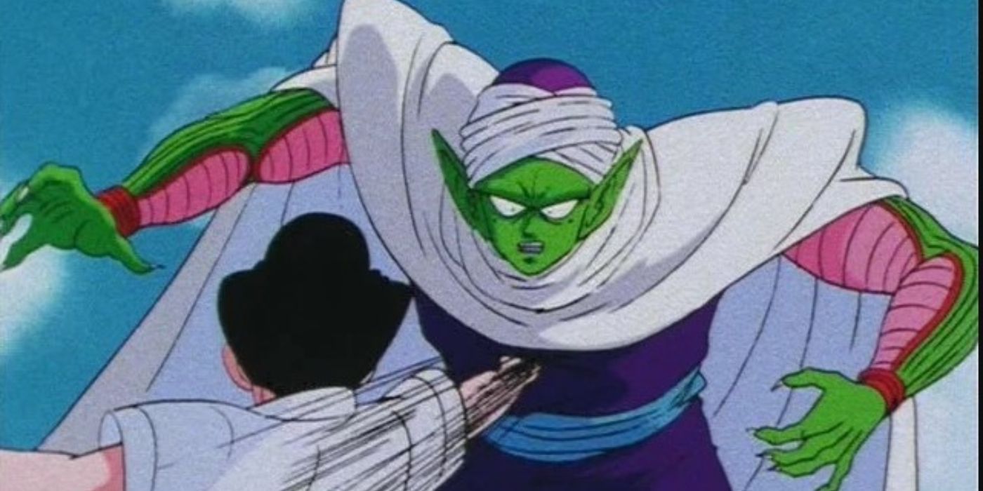Kami in the guise of a human punching Piccolo in Dragon Ball during the World Martial Arts Tournament.