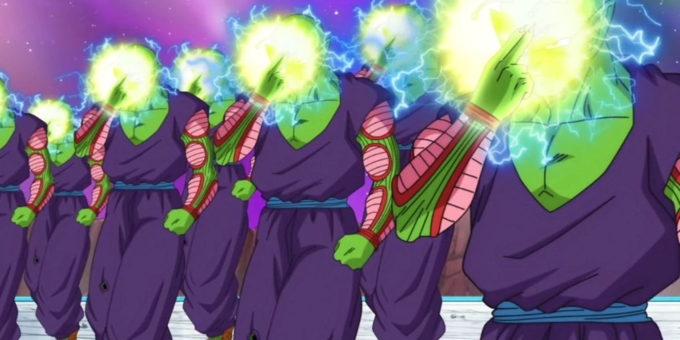 Piccolo e clones carregando Canhão de Feixe Especial na batalha contra Frost - Dragon Ball Super.