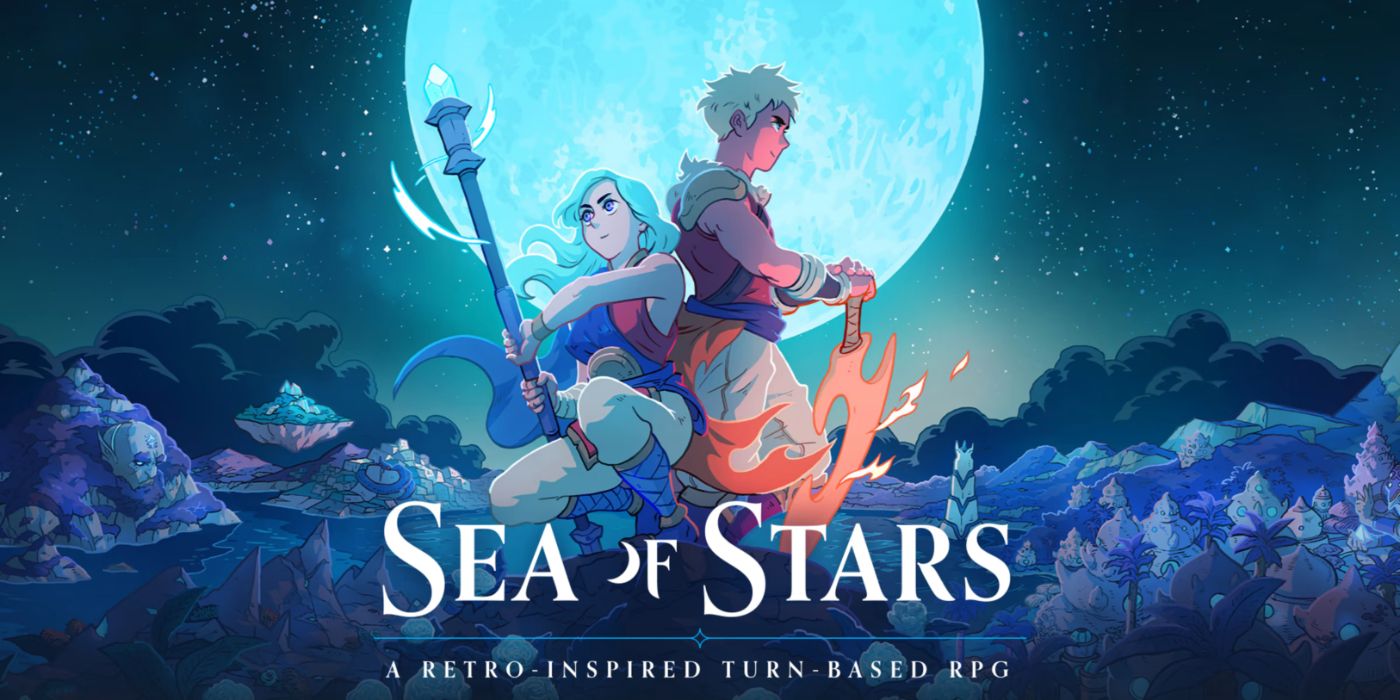 Arte promocional de Sea of ​​Stars apresentando os protagonistas do jogo sob o luar.