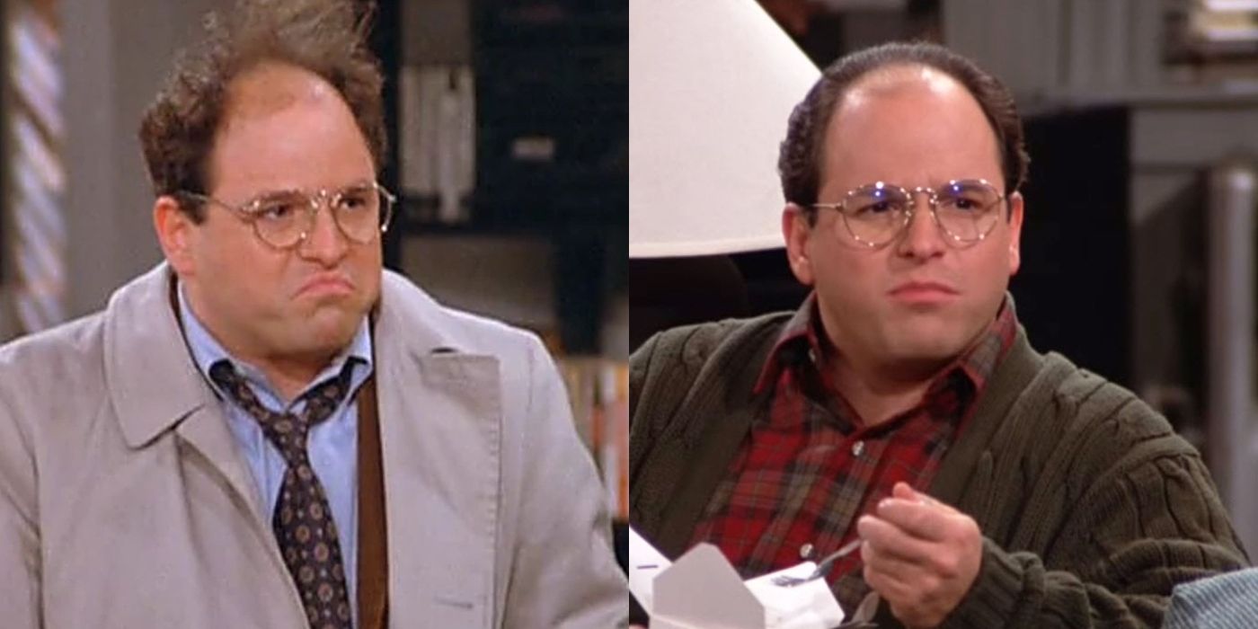 Split image of George Costanza looking upset and eating takeout on Seinfeld