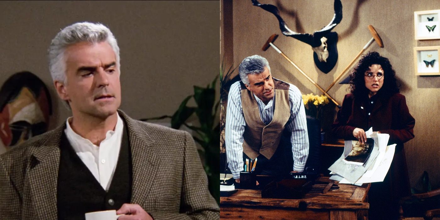 Split image of Peterman holding a coffee cup and standing with Elaine on Seinfeld
