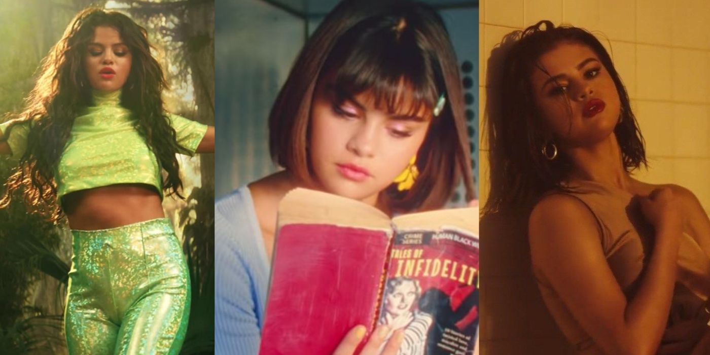 Split image of Selena Gomez from three music videos, Taki Taki, Back To You and Wolves