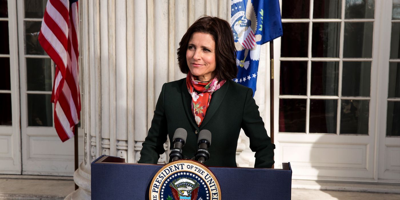 Selina at the podium in Veep