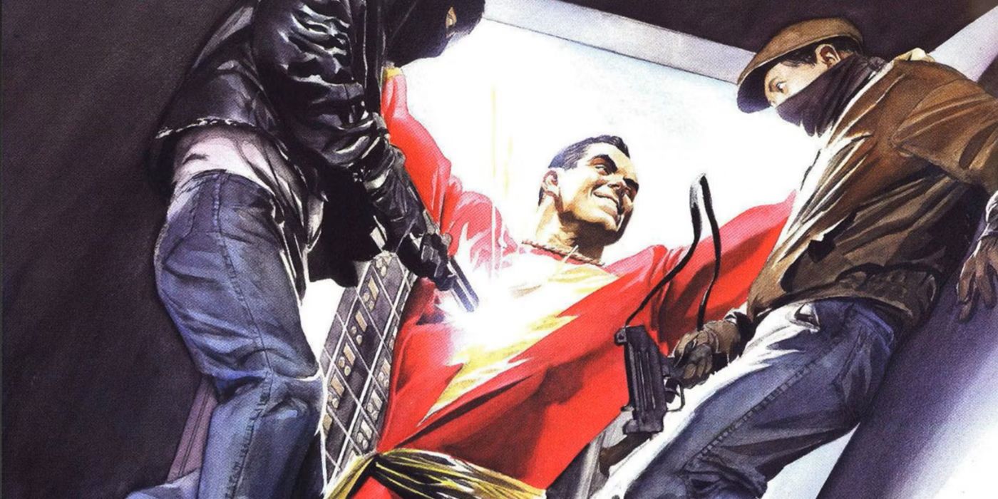 Shazam smiles as he holds up two gunmen.