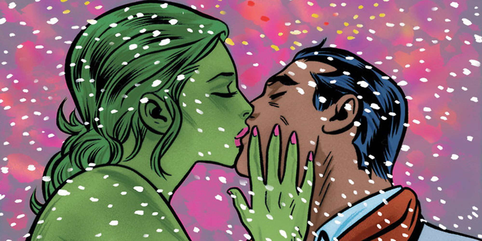 She-Hulk and Wyatt Wingfott kissing in the snow in FF