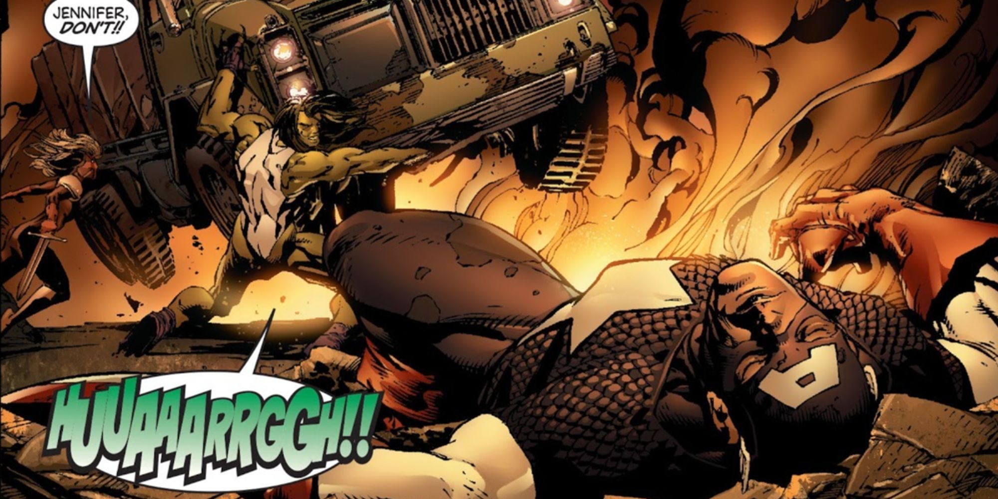 She-Hulk atacando os Vingadores em Avengers Disassembled