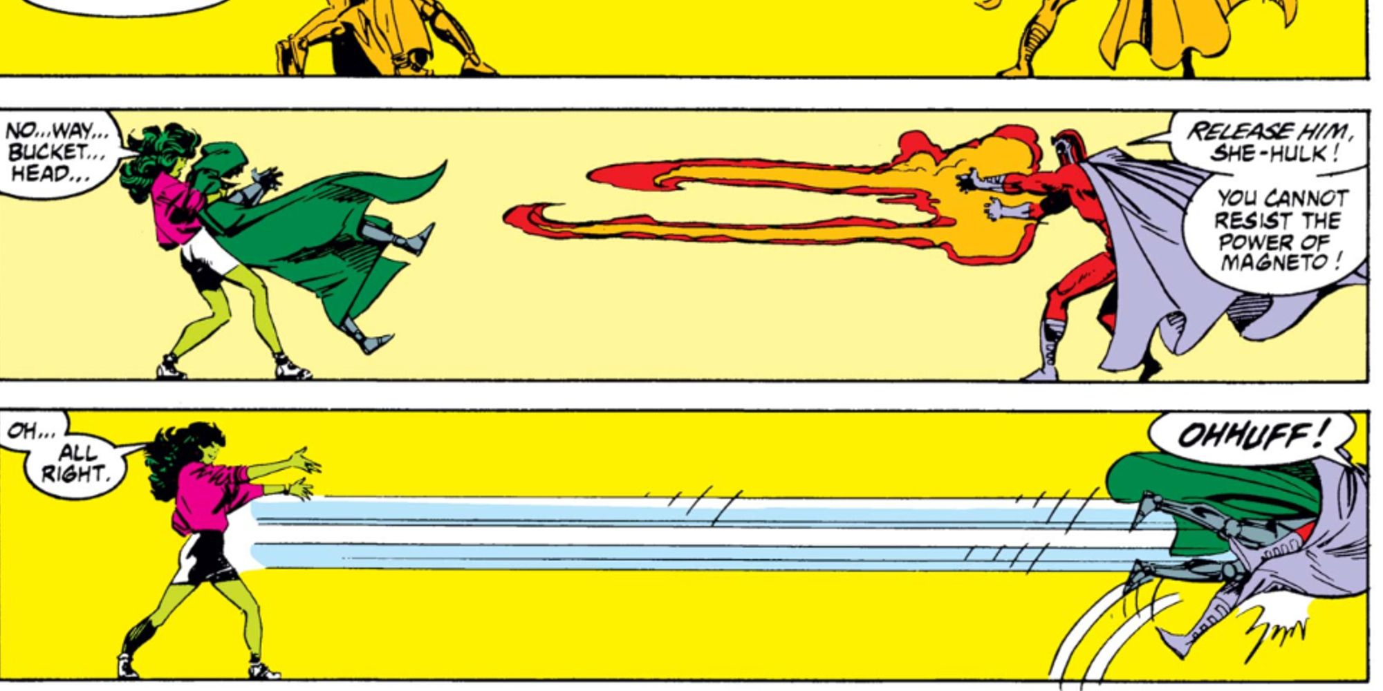 She-Hulk derrotando Magneto com um Doombot em Marvel Comics Presents #18