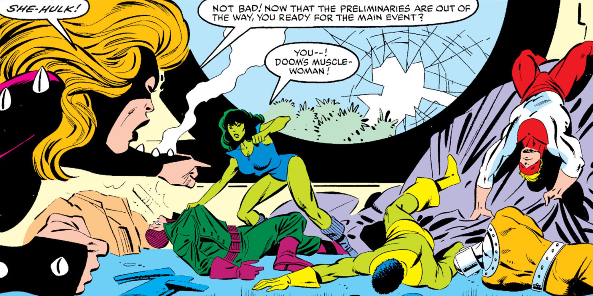 She-Hulk descobrindo a Wrecking Crew derrotada por She-Hulk em Secret Wars #7.
