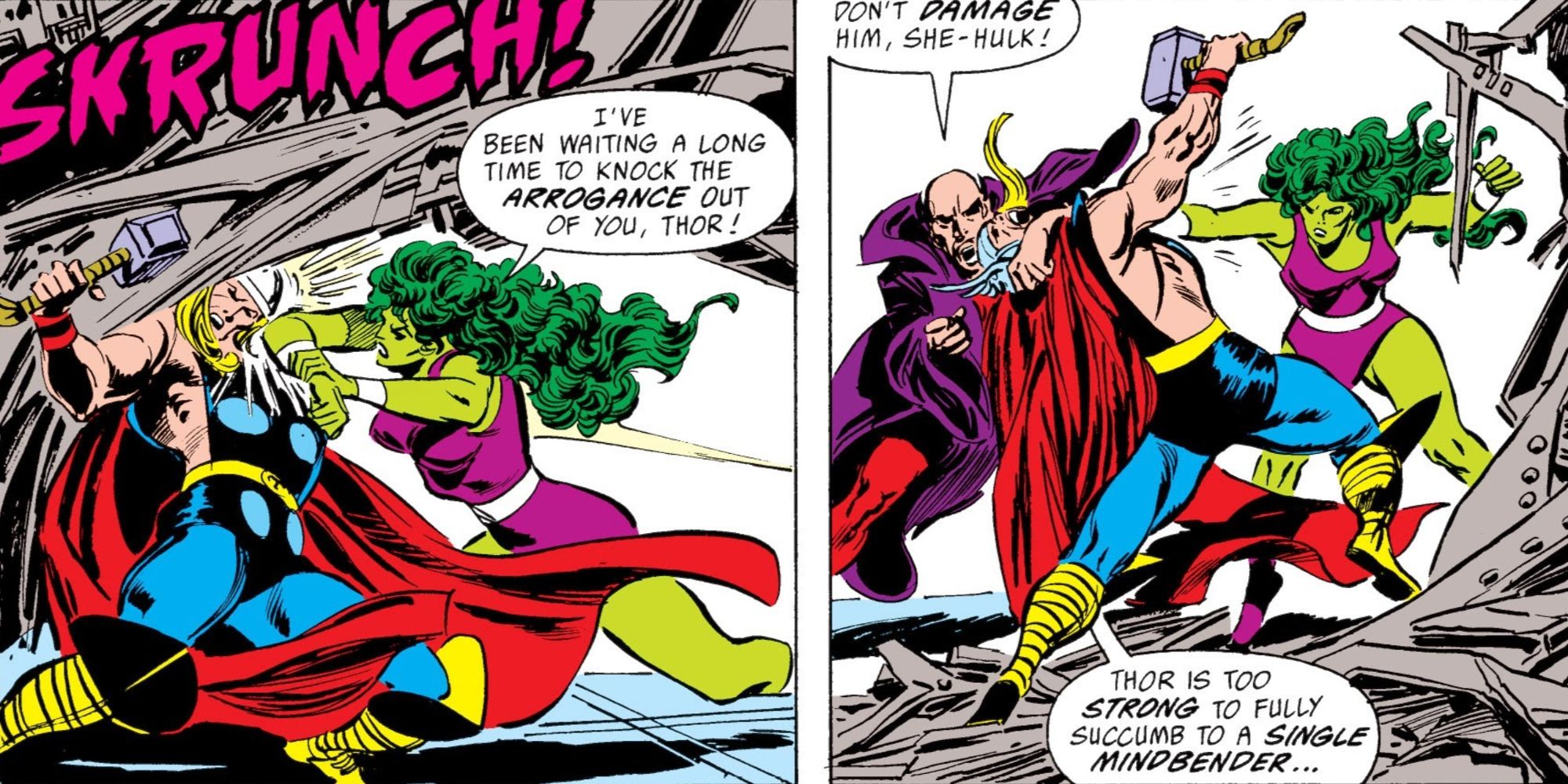Mulher-Hulk lutando contra Thor em Vingadores #296