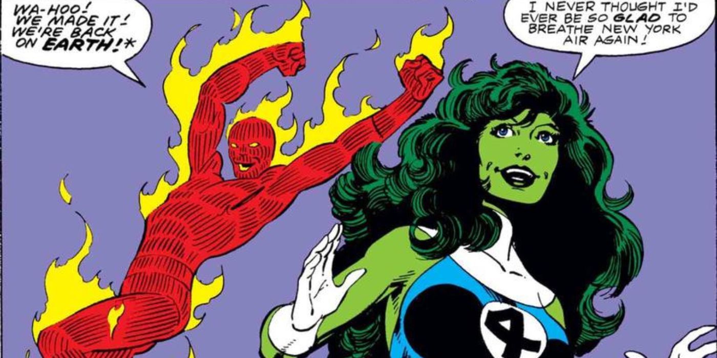 She-Hulk smiling and looking upwards in a Fantastic Four comic
