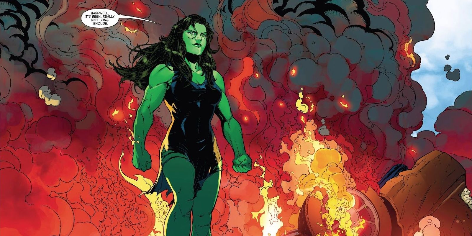 She-Hulk standing amidst an explosion in She-Hulk 163 Cropped