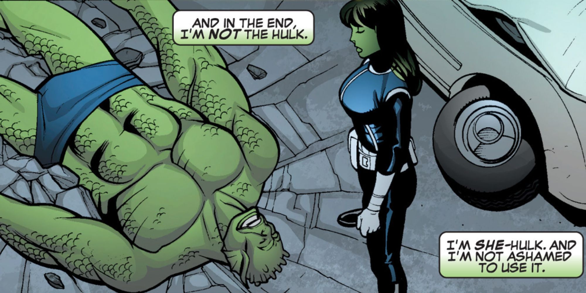 She-Hulk em pé sobre uma Abominação derrotada em She-Hulk #15