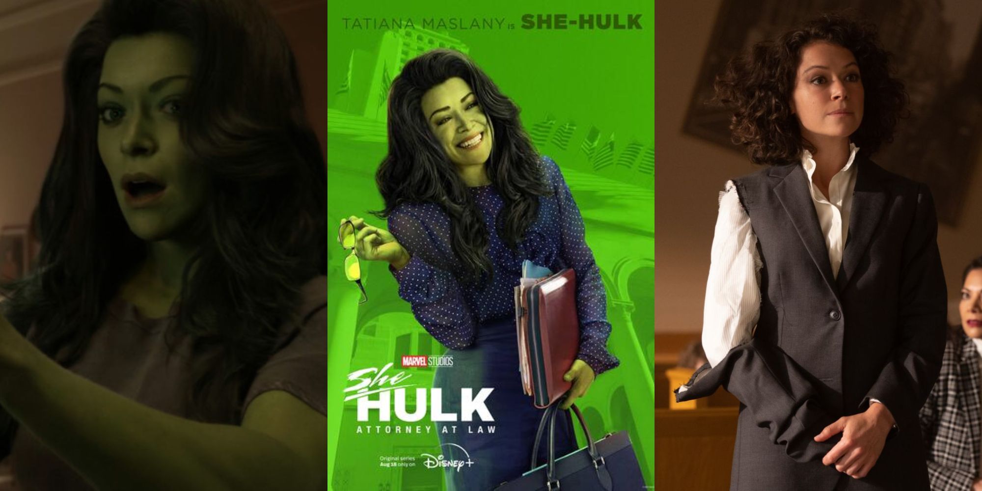 Two stills from She-Hulk and a poster for the show.