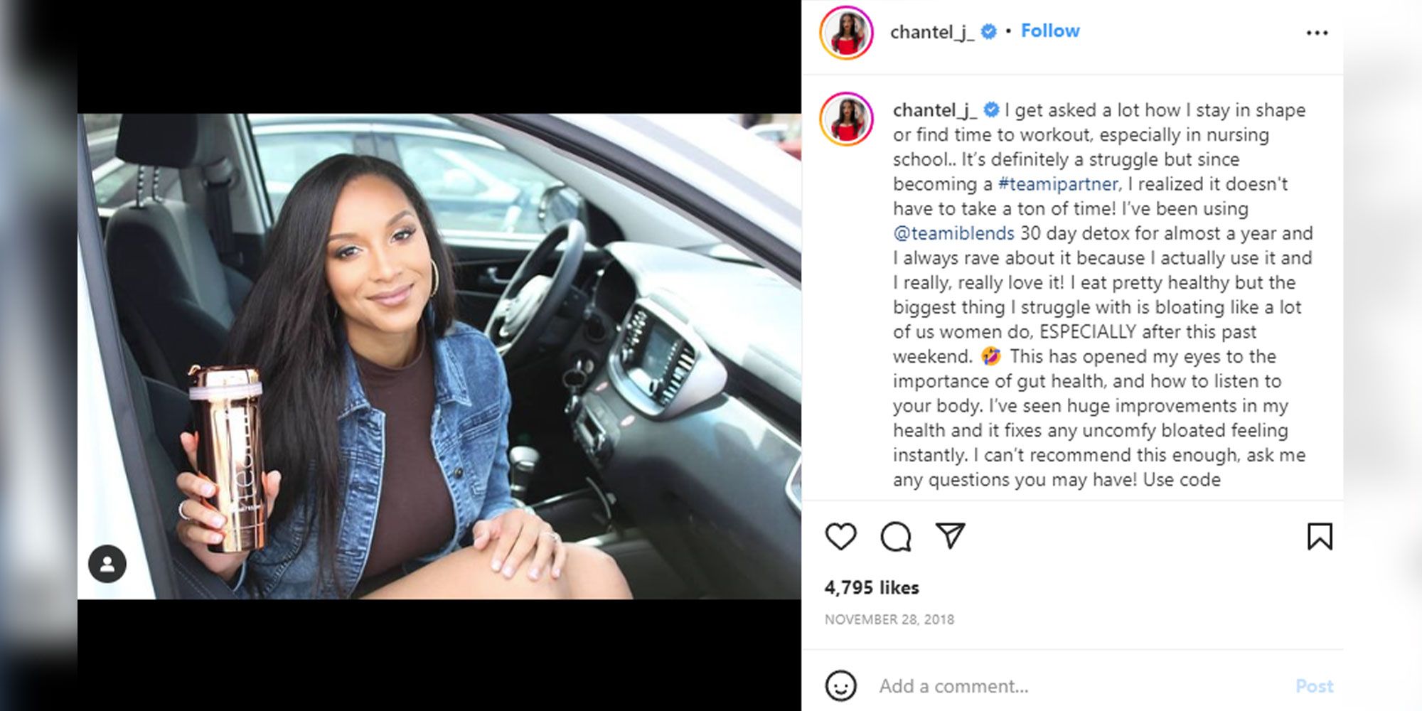 Chantel Everett doing an Instagram ad for Teami Blends