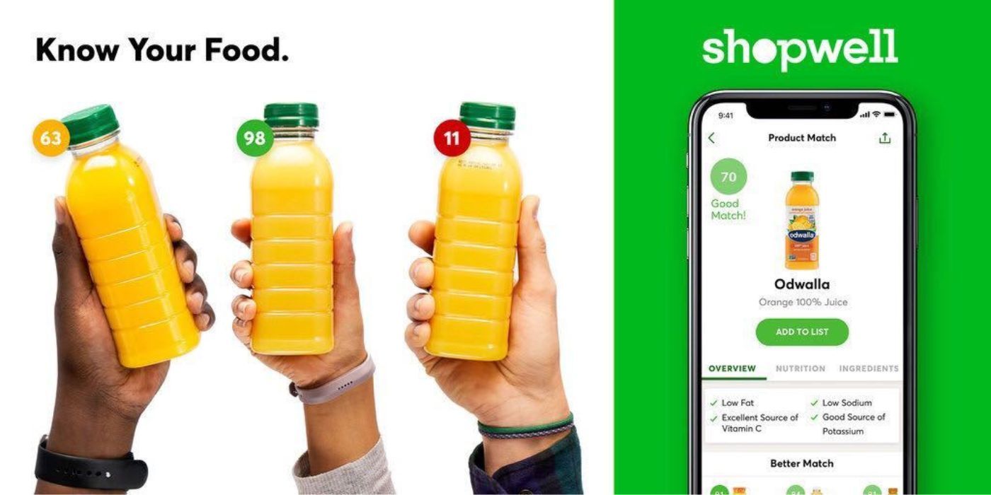 Abanner showing hands with juice bottles and a smartphone with the Shopwell app