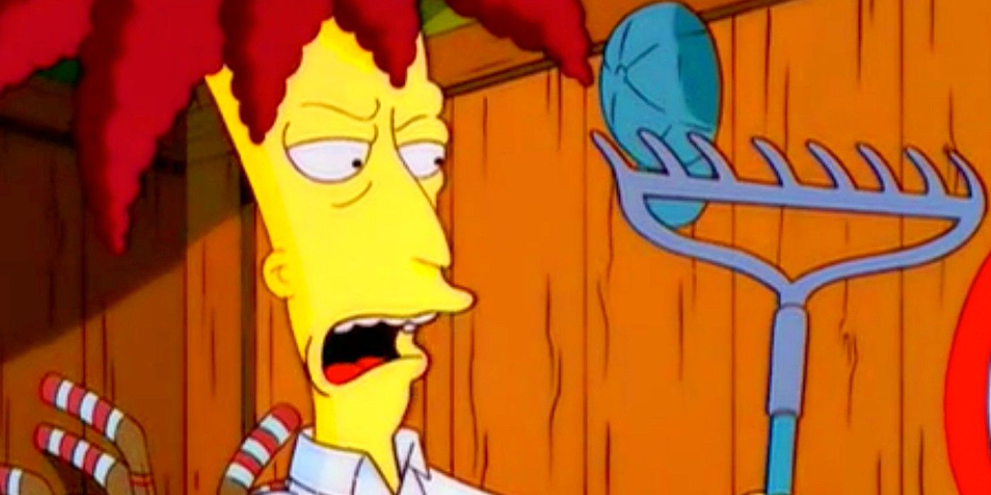 Sideshow Bob stares at a rake on The Simpsons