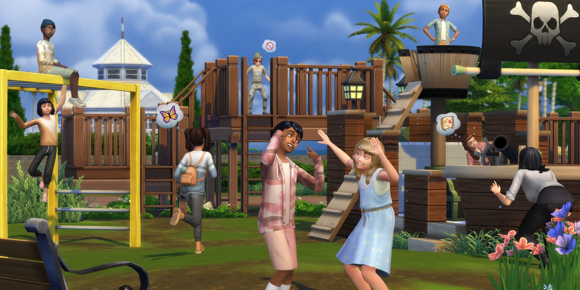 Sims 4 First Fits Kit promo shot of children playing on a playground.